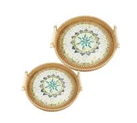 Joyeee Bandejas de mimbre para decoración, paquete de 2 cestas redondas pequeñas de mimbre con asas para almacenamiento, aperitivos, frutas, verduras, juego natural para fiesta en casa, diario, picnic