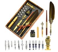 Joyeee Juego de bolígrafos y tinta de plumas reales, incluye kit de sellos de cera de sellado, bolígrafos de caligrafía de madera, 17 puntas de repuesto, palo de sello de cera, amarillo oscuro