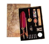 Joyeee Juego de pluma y tinta roja, pluma con tinta, sello de cera de latón, soporte para pluma estilográfica de metal, papel de carta, cuentas de sello de cera, vela, caja de regalo retro, única