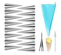 Joyeee Paquete de 16 moldes de cuerno crema de acero inoxidable mini, con bolsas de tuberías reutilizables, boquilla de glaseado de crema larga y boquilla de limpieza para hornear, 3.4 pulgadas