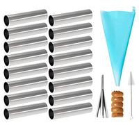 Joyeee Paquete de 16 moldes de tubos Cannoli, con tubos Cannoli antiadherentes de 4.7 pulgadas, bolsa de tuberías reutilizable, cepillo y puntas de acero inoxidable, kit de formas de Cannoli