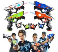 JOYENDER Pistola láser juego niño 4 jugadores juegos láser etiqueta juego niño con pistola y chaleco juguete pistola interior y exterior para juego niños edad 5 6 7 8 9 10 11 12 regalos para niño