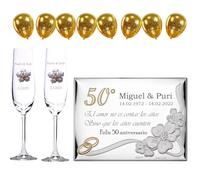 JOYERIA EL FARO | Regalos de boda 50 aniversario | Pack árbol + 8 globos gratis | Grabado personalizado | Presentación en estuche premium | Celebra 50 años de amor juntos (Pack copas + placa + globos)