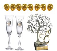 JOYERIA EL FARO | Regalos de boda 50 aniversario | Pack árbol + 8 globos gratis | Grabado personalizado | Presentación en estuche premium | Celebra 50 años de amor juntos (Pack copas + árbol + globos)