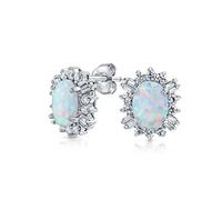 Joyeria Estilo Vintage Ovalado Creado Opalo Blanco Baguette Corona CZ Pendientes Para Mujer 14K Amarillo Oro Chapado .925 Plata De Ley 12Mm Octubre Piedra De Nacimiento