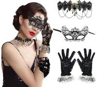 Joyería gótica para mujer, guantes de encaje negros, máscara de encaje, máscara de máscara, 3 piezas de accesorios para Halloween, disfraz de vampiro, accesorios para Halloween, carnaval, disfraces