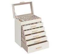 Joyero Con Tapa De Cristal, Organizador Joyas 6 Capas, 5 Cajones, For Gafas Sol, Grandes, Almacenamiento Pendientes,Anillos y Collares,Espejo y Cajones(Cloud White)
