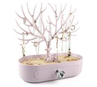 Joyero de cuernos con cajón, mango de cristal y organizador de piel sintética para anillos, aretes, collares y pulseras