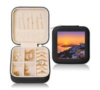 Joyero de cuero para mujer, estuche de viaje de viaje con isla de Grecia, atardecer, paisaje, portátil, organizador de joyas, mini estuche de viaje con cremallera para aretes, pulseras, anillos