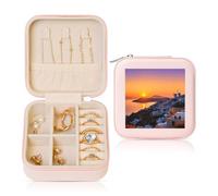 Joyero de cuero para mujer, estuche de viaje de viaje con isla de Grecia, atardecer, paisaje, portátil, organizador de joyas, mini estuche de viaje con cremallera para aretes, pulseras, anillos