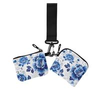 Joyero de jade de estilo chino con flores azules para mujer, monedero de tamaño compacto con cremallera y bolsillo para monedas para dama, 2 unidades