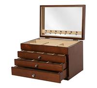 Joyero de la serie con espejo, organizador de joyas de 4 capas de agujero macizo, 3 cajones para anillos, pendientes, pulseras, collares (color madera)