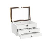 SONGMICS Caja Joyero, Caja de Joyas de 3 Niveles con Espejo Grande, 2 Cajones, Cerradura, Regalo para Seres Queridos, para Anillos, Pendientes, Pulseras, Collares, Blanco y Grano de Madera JOW15WN