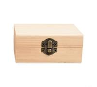 Joyero de madera con tapa abatible con hebilla, pequeña caja de almacenamiento para anillos, aretes y postales, organizador decorativo de pino natural para escritorio del hogar, 11 x 7,5 x 4,9 cm