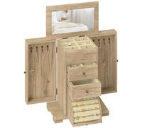 HOMCOM Caja Joyero de Madera de 4 Niveles con 2 Cajones Espejo Natural | Joyero Mujer Organizador Grande, Puertas Laterales Giratorias con Ganchos, para Pendientes, Anillos, Collares