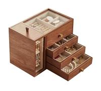 Joyero de madera, organizador de joyas, joyero grande de madera con cajones, diseño de cajón vertical con visualización de doble cara, organizador de joyas de 4 capas, for pendientes, anillos, collare