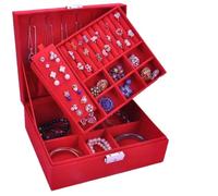 Joyero de terciopelo doble capa, soporte for guardar collares, anillo gran espacio, ataúd, regalo cumpleaños Pendientes,Anillos y Collares,Espejo y Cajones(Red)