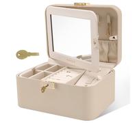 Joyero mejorado, organizador de joyas de piel sintética de 2 capas para mujer con cerradura y espejo, gancho oculto para collar y divisor extraíble, joyero de viaje de gran capacidad, ideal para