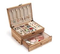 Joyero para mujeres y niñas, organizador de joyas de madera rústica para almacenamiento de pendientes, anillos, collares, pulseras, joyas estilo granja (color madera antorchada)