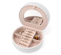 Joyero Pequeño de Viaje redondo. Mini Organizador Joyería. Caja Joyas Portátil con Espejo y Cremallera para anillos, pendientes, pulseras, collares.