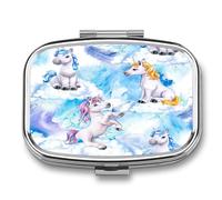 Joyero Unicornio Encantador Nube Azul Caja De Pastillas 2 Compartimentos Con Espejo, Caja De Almacenamiento De Metal Cuadrada Portátil A De Humedad, Regalo Único