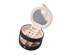 Joyero Viaje Caja de almacenamiento portátil redonda dos capas joyería cuero PU con espejo maquillaje en el interior(Blue)