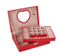 Joyeros Joyero de cuero con espejo en forma de corazón, joyero de exhibición grande de 2 capas, caja organizadora de joyería con patrón de hoja, soporte for joyería Cajas Y Organizadores(Red)
