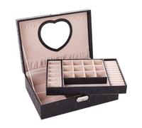 Joyeros Joyero de cuero con espejo en forma de corazón, joyero de exhibición grande de 2 capas, caja organizadora de joyería con patrón de hoja, soporte for joyería Cajas Y Organizadores(Noir)