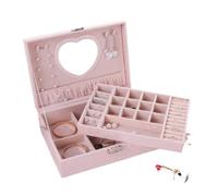 Joyeros Joyero de cuero con espejo en forma de corazón, joyero de exhibición grande de 2 capas, caja organizadora de joyería con patrón de hoja, soporte for joyería Cajas Y Organizadores(Pink)