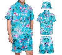 Joyesplay Conjunto de camisa y pantalones cortos hawaianos para hombre, 3 piezas, divertido conjunto de camisas con estampado de flamenco para playa con sombrero para camisas tropicales de vacaciones