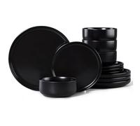 Joyfair Abyssal - Juego de vajilla para 4 personas, 12 piezas, vajilla esmaltada reactiva con plato llano, platos de postre, cuencos de cereales, microondas y lavavajillas, Abyssal negro