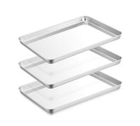 Joyfair Juego de 3 bandejas pequeñas de acero inoxidable, ideales para asar pizzas, pasteles, pan, galletas, acabado de espejo y parte inferior plana, apto para congelador y lavavajillas, 23,7 x 17,8