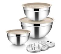 Joyfair Juego de 3 cuencos para mezclar de acero inoxidable, color caqui | Tapa hermética y extraíble, 3 cabezales de rallador, apilable y apto para lavavajillas, apto para horno, 4,5 L, 2,7 L, 1,5 l