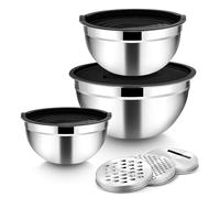 Joyfair Juego de cuencos de acero inoxidable, 3 piezas, cuenco para mezclar con tapa, ensaladera con 3 accesorios para almacenamiento de horneado, 4,5 L, 2,7 L, 1,5 L, apilable y apto para