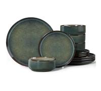 Joyfair Juego de vajilla para 4 personas, 12 piezas, de gres, esmalte reactivo, juego con plato llano, platos de postre, cuencos para cereales, microondas y lavavajillas, hierba marina verde oscuro