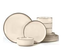 Joyfair Juego de vajilla para 4 personas, 12 piezas, de gres, resistente a los arañazos, esmalte reactivo, juego con platos llanos, platos de postre, cuencos de cereales, microondas y lavavajillas