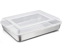 Joyfair Molde para tartas, de acero inoxidable con tapa hermética, 31 x 24 x 5 cm, bandeja rectangular para hornear, para guardar pasteles, brownie, lasaña, resistente y apto para lavavajillas