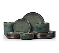 Joyfair Vajilla para 6 personas, 18 piezas, de gres, esmalte reactivo, juego de vajilla con plato llano, platos de postre, cuencos de cereales, microondas y lavavajillas, algas marinas, verde oscuro