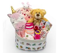 Joyful Arrival - Canasta de regalo de lujo para niña, juego de canastilla para bebé con 20 piezas de artículos esenciales para bebé y bolsa de pañales de lona, juego de regalo para futuras mamás y
