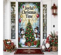 Joyful Christmas Time Snow Man - Cubiertas para puertas de vidrieras (91 x | Arte de vidrieras, pancarta de porche, pino, regalos envueltos, adornos navideños, escena de invierno alegre