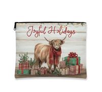 Joyful Holidays - Bolsa de maquillaje rústica de vaca de las tierras altas para mujer, organizador portátil de lona con cremallera, bolsa de aseo de vacaciones de invierno, Marrón, 7x9 Inch, Vaca