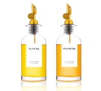 Joyfulmap Juego de dispensador de aceite dorado, 2 botellas dispensadoras de aceite de oliva y vinagre para cocina con 54 etiquetas blancas minimalistas, bandeja, dispensador de botellas de vidrio