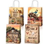JOYGATHER 24 bolsas de recuerdos de fiesta de vaquero con asas, bolsas de regalo de vaquero, bolsas de regalo, bolsas de dulces con 4 tipos diferentes, bolsas de papel kraft de vaquero para