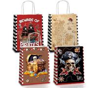 JOYGATHER 24 bolsas de recuerdos de fiesta pirata con asas, bolsas de regalo pirata, bolsas de regalo, bolsas de dulces con 4 tipos diferentes, bolsas de papel kraft pirata para suministros de fiesta