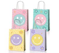 JOYGATHER 24 bolsas de regalo de fiesta con cara sonriente con asas, bolsas de regalo pastel, bolsas de regalo, bolsas de dulces con 4 tipos diferentes, bolsas de papel kraft para suministros de