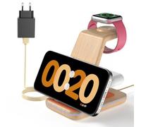 JoyGeek Cargador Inalámbrica, 3 en 1 Base Cargador para i Phone 17/16/15/14/13/12/Plus/Pro MAX, Estación de Carga para iWatch Ultra-2, para AirPods 4/Pro/3/2, Grano de Madera de bambú
