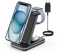 JoyGeek Cargador Inalámbrica, Plegable 3 en 1 Base Cargador para i Phone 17/16/15/14/13/12/Plus/Pro MAX, Estación de Carga para AppleWatch Ultra-2, Rapida Wireless Charger para AirPods 4/Pro/3/2-Negro