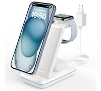 JoyGeek Cargador Inalámbrica, Plegable 3 en 1 Base Cargador para i Phone 17/16/15/14/13/12/Plus/Pro MAX, Estación de Carga para iWatch Ultra-2, Rapida Wireless Charger para AirPods 4/Pro/3/2-Blanco