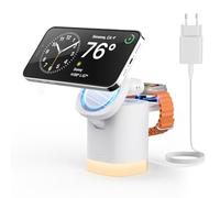 JoyGeek Magnético Cargador Inalambrico 3 en 1 con luz Nocturna Ajustable, Plegable Estacion de Carga Rapido para iPhone 15/14/13/12 Serie, para iWatch 9/8/7/6/5/4/3/2/SE, para AirPods 3/2/Pro, Blanco