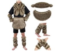 Joygoodta 4 unids/set disfraz vikingo hombres cálidos pieles sintéticas disfraz bárbaro incluye falda de cintura, puño de brazo, capa de chal, fundas de botas para Cosplay